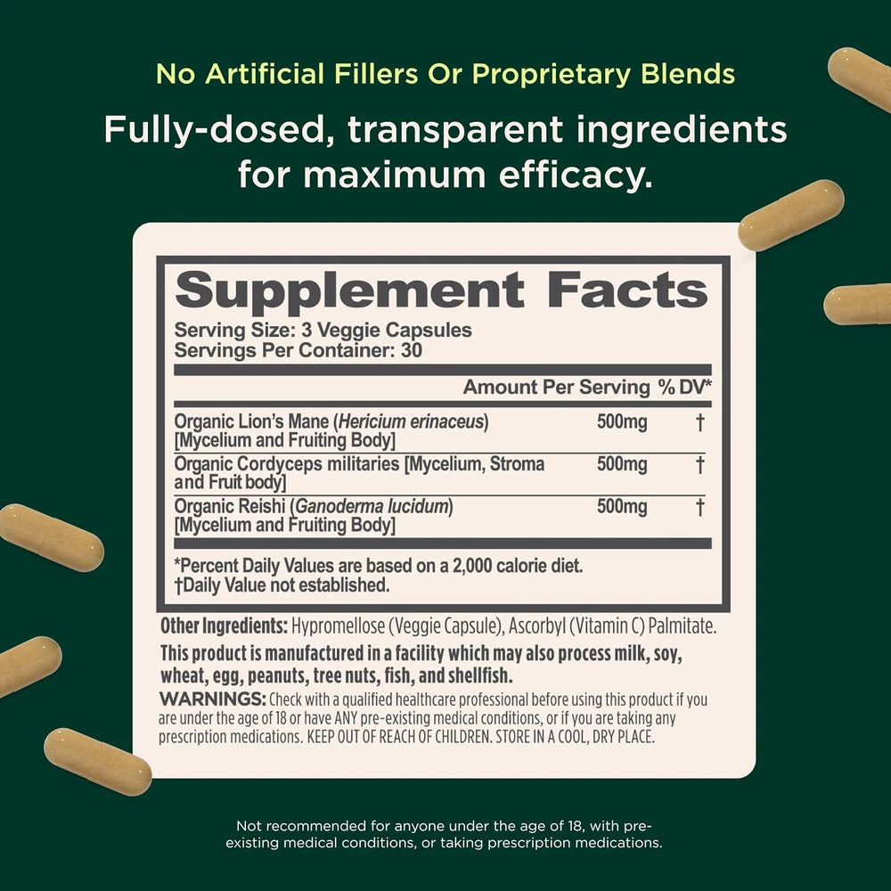 Organic Mushroom Complex Capsules for Mental Clarity and Energy
